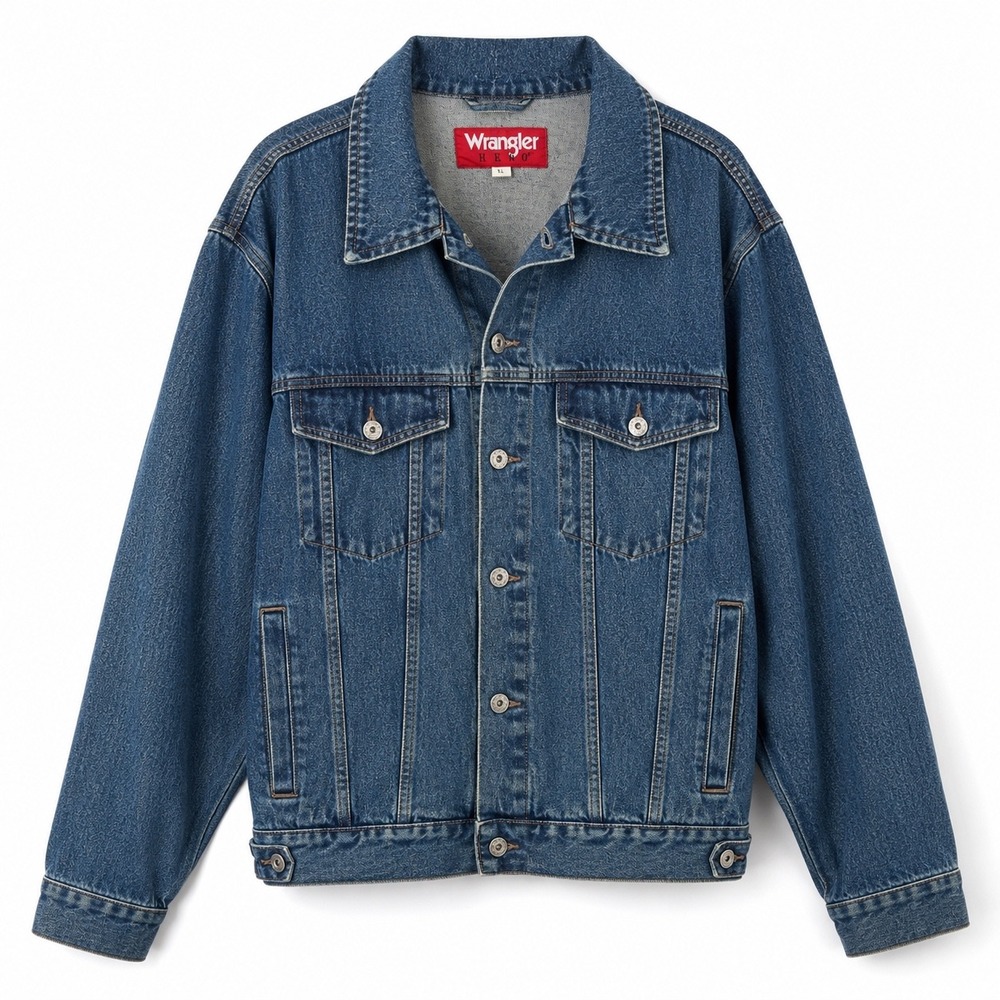 Wrangler Hero Denim Classic Trucker Jacket Blue Cotton Button Front Pockets XL